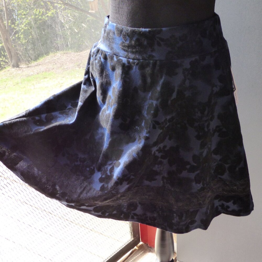 QUIRKY GOTH VICTORIAN BLUE BLACK BURNOUT VELVET FLORAL MINI SKIRT PEASANT XL